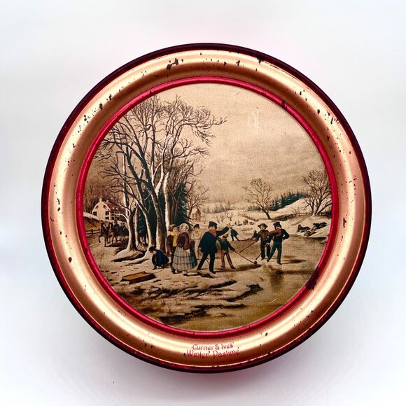 Vintage Currier & Ives Winter Pastime Decorative Tin Red Gold Round Storage - Picture 1 of 9